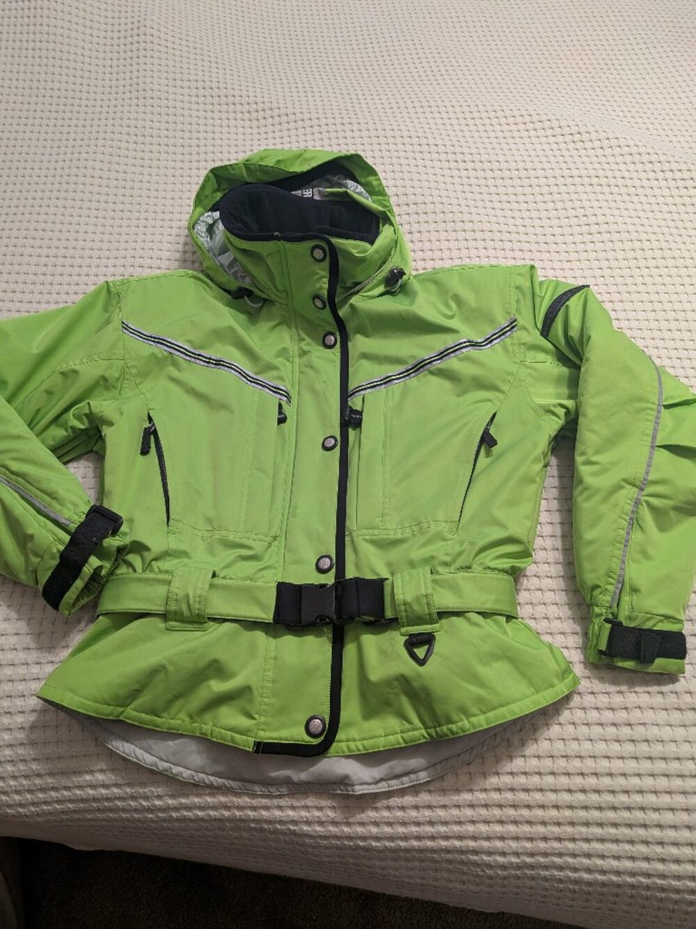 Vintage Obermyer Neon Green Multi Zip Pockets Reflective Stripes Ski Jacket 8